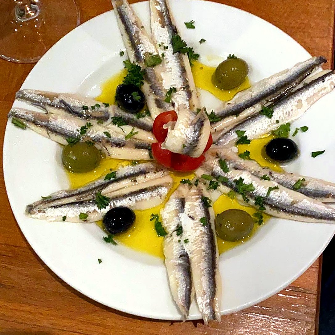 Boquerones in Olivenöl mit Oliven